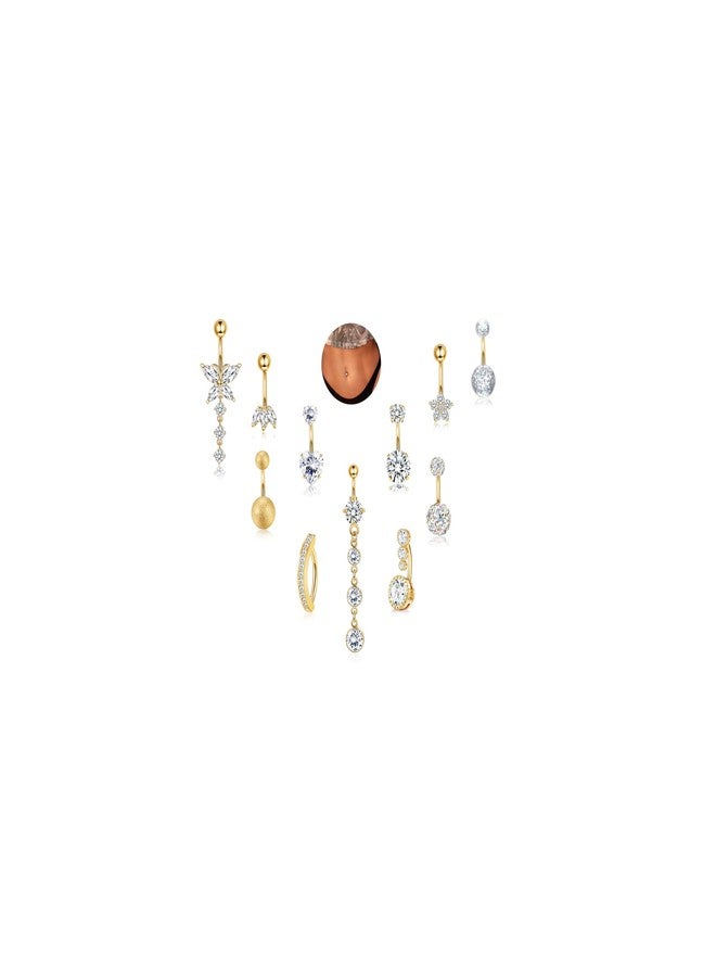 sailimue 11Pcs Gold Belly Button Ring - Surgical Stainless Steel 14G Navel Belly Button Piercing Jewelry Hypoallergenic Dangle Belly Rings for Women Silver/Gold - Image 1